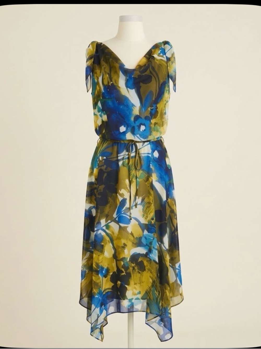 London Times Floral Chiffon Midi Dress Size 10 Asymmetrical Hem Cowl Neck